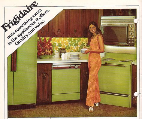 1970s Avocado - pretty awful. I rented a house in the early '90s that looked very similar except everything was Harvest Gold. I'm betting in 40 years everyone will be making fun of stainless steel. Green Appliances, Joe Colombo, 70s Decor, Casa Vintage, Vintage Memory, Avocado Green, Green Kitchen, Retro Home, Mellow Yellow