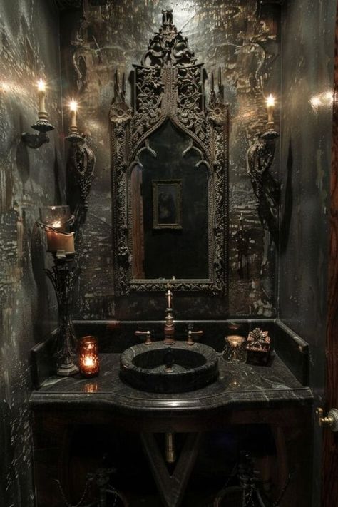 My Gothic home, the way we love it 💜🖤 | Unusuall Gothic Bathroom  ♠🖤♠ Victorian Goth Home Decor, Victorian Gothic Bathroom, Room Ideas Gray, Goth Vanity, Goth Bathroom, Gothic Bathroom, Goth Houses, Powder Room Ideas, Floating Glass Shelves