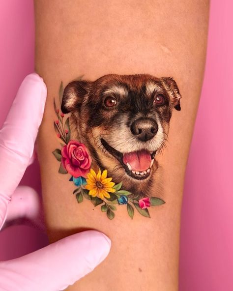 Pet Portrait Tattoo Flowers, Watercolor Pet Tattoo, Color Dog Tattoo, Dog Tattoo Color, Dog Flower Tattoo, Pet Portrait Tattoos, Pet Tattoo Ideas, Dog Portrait Tattoo, Pet Tattoos