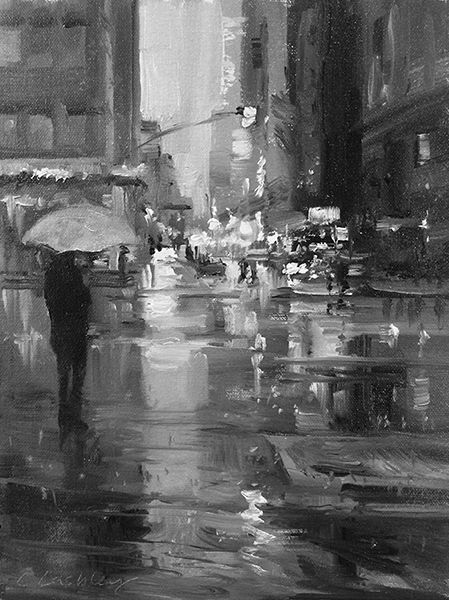 "In the Rain" Christine Lashley, oil 12 x 9" Historic Black and White Exhibit, Salmagundi Club, New York City. Black And White City Painting, Black And White Painting Aesthetic, Jacob Dhein, Picasso Black And White, Christine Lashley, Painterly Paintings, Oil Painting Black And White, New York City Painting, Black And White Oil Painting