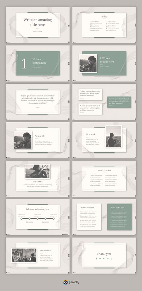 Classical themed template design for education - and much more - presentations, with smooth colors everywhere, text and images. Do you find it inspiring? #genially #template #free #inspiration #classic #pastel #smooth Formal Presentation Template, Formal Presentation, Let The Music Play, Digital Notes, Notes Ideas, English Style, Ppt Template, School Projects, Presentation Templates