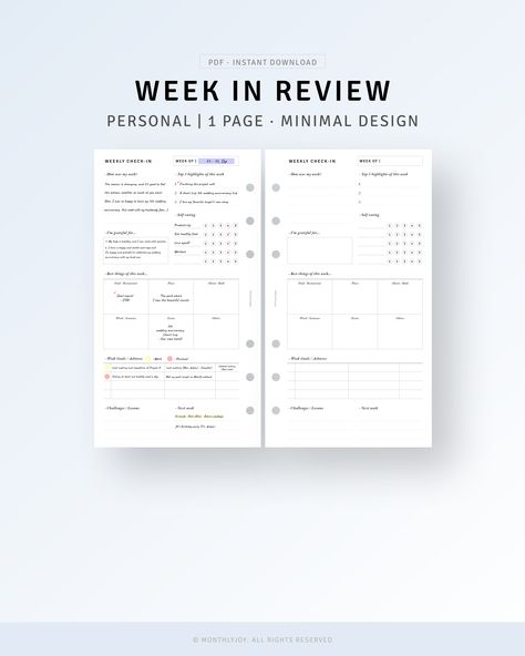 Reflection Journal Template, Weekly Reflection Journal, Week Goals, Personal Size Planner, Weekly Reflection, Personal Planner Inserts, Reflection Journal, Weekly Review, Simple Planner