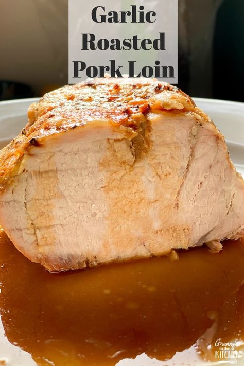 This simple garlic pork loin roast is amazingly moist and tender, thanks to a couple of Granny's secret tricks! My mom has made her pork roast this way for years and it always gets rave reviews! Brine Pork Loin, Oven Roasted Pork Loin, Simple Gravy, Smoked Pork Loin Recipes, Boneless Country Style Pork Ribs, Bone In Pork Loin, Pork Loin Recipe, Pork Roast In Oven, Smoked Pork Loin