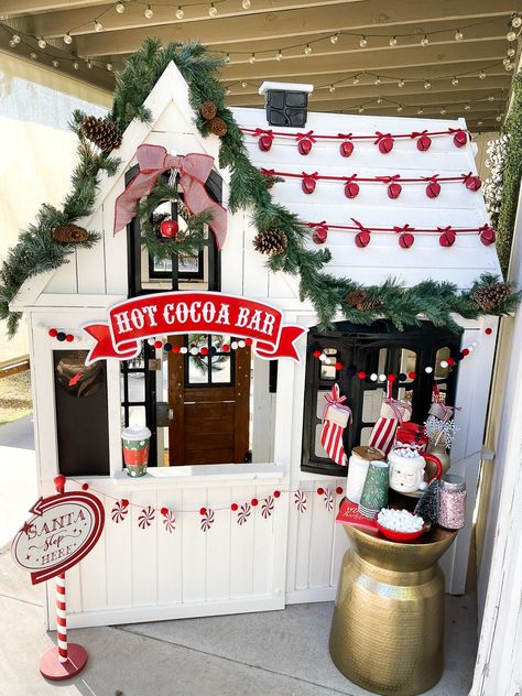 Playhouse Christmas Decor, Christmas Decor Farmhouse Style, Christmas Playhouse, Santa Chair, Coco Bar, Playhouse Decor, Christmas Foyer, Christmas Decor Farmhouse, Cute Christmas Decorations