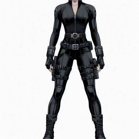 Black Widow Suit Concept Art, Black Widow Oc, Natasha Romanoff Suit, Secret Agent Outfit Women, Black Superhero Suit, Gangrel Female, Female Superhero Suit, Black Widow Suit, Agent Uniform