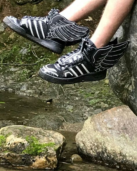 One of my pairs of Adidas Jeremy Scott Wings 2.0 Adidas Jeremy Scott Wings, Jeremy Scott Adidas, Apparel Design Inspiration, Wings Black, Wing Shoes, Adidas Fashion, Jeremy Scott, Swag Shoes, Triple Black