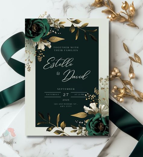 ✨ COMPLETE WEDDING STATIONERY SET AVAILABLE! ✨ Looking for a full set? You can find the matching Invitation, Details Card, RSVP Card, and Thank You Card Set at the link below: 👉 https://www.etsy.com/listing/1782525775/emerald-green-and-gold-wedding This set perfectly complements your wedding theme, ensuring a cohesive and elegant look for your special day. This invitation is a perfect blend of elegance and nature, featuring a sophisticated dark green background adorned with luxurious gold flora Wedding Invitations Emerald Green And Gold, Emerald And Gold Wedding Invitations, Wedding Dark Green And Gold, Emerald Green Wedding Invites, Clean Wedding Invitations, Dark Green And Gold Wedding Theme, Emerald Green And Champagne Wedding, Hunter Green And Gold Wedding, Nature Wedding Theme