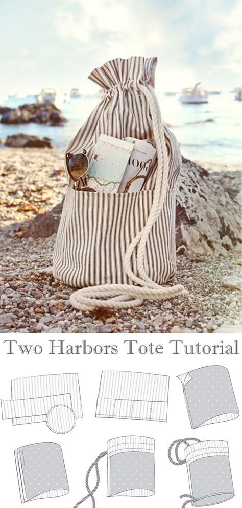 Drawstring Beach Bag Tutorial Beach Bag Tutorials, Drawstring Bag Tutorials, Bag Tutorials, Sewing Tutorials Free, Rope Bag, Bag Tutorial, Tote Bags Handmade, Duck Canvas, Bag Ideas