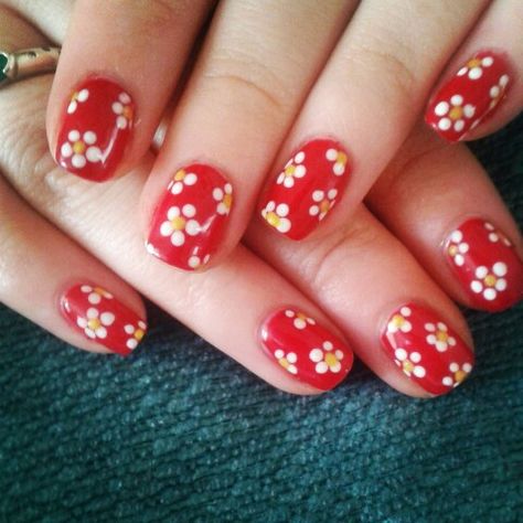 Red Daisy Nails, Manicure Daisy, Short Red Nails, Character Nails, Red Carpet Manicure, Red Nail Art, Daisy Nails, Nice Nails, Nails Only