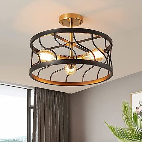 Ceiling Hanging Light, Chandelier 3 Light Semi Flush Mount Ceiling Light Ceiling Lamp Chandelier Fixture Modern Industrial Black And Gold Metal Cage Lamp Compatible with Bedroom, Kitchen, Living Room, : Amazon.co.uk: Lighting Vintage Ceiling Light Fixtures, Ceiling Lamp Dining Room, Wood Ceiling Lights, Metal Drum, Cage Light, Recessed Ceiling Lights, Kitchen Ceiling Lights, Ceiling Hanging, Hanging Ceiling Lights