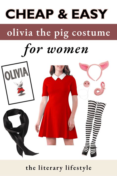 Get Olivia the pig costume ideas that are easy for women and teachers to DIY on Halloween, World Book Day, Book Week, and beyond. Click to read more about this book character costume now. Olivia The Pig Costume, If You Give A Pig A Party Costume, Middle School Book Character Costumes, Literary Character Costumes For Teachers, Character Book Costumes For Teachers Storybook Characters, Childrens Books Costumes For Teachers, Childrens Book Character Costumes, Pig Halloween Costume, Book Character Costume