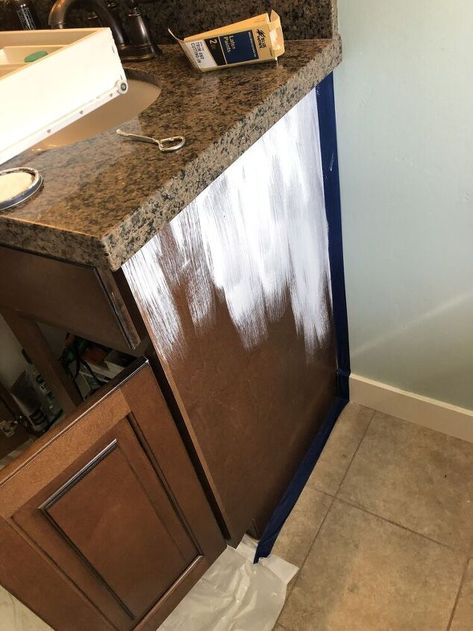 Dark Granite Countertops, Bathroom Cabinet Colors, Brown Countertop, Brown Granite Countertops, Granite Bathroom Countertops, Glass Light Covers, Painted Vanity Bathroom, Dark Counters, Bathroom On A Budget