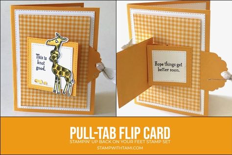 In this super fun class I’ll teach you how to make this set of fun interactive Pull-Tab Flip Cards. They are super easy to make. This flip technique is similar, but a slightly different take on the Waterfall Technique we used on the “Photo Booth Flip Card” a few days ago.In addition to the flip fold technique, we’ll be using the Stampin’ Blends Markers.  I’m using the new Stampin’ Up Back on Your Feet stamp set for these cards. Using each of the animals in the set: Turtle, Giraffe and Sloth. Stampin Up Anleitung, Tarjetas Pop Up, Flip Cards, Stampin Up Catalog, Interactive Cards, Up Book, Card Making Tutorials, Fancy Fold Cards, Card Tutorial