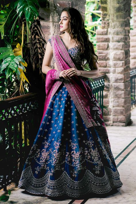 Royal Blue Lehenga, Navy Blue Lehenga, Navy Blue Saree, Purple Lehenga, Engagement Lehenga, Popup Shop, Lehenga Saree Design, Raw Silk Lehenga, Half Saree Lehenga