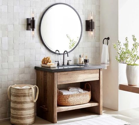 Easton Single Vanity | Pottery Barn Small Restroom, Bathroom Shiplap, Barn Bathroom, Pool Bathroom, Rustic Bathroom Vanities, Rustic Bathrooms, Sink Vanity, Bathroom Trends, Bathroom Laundry