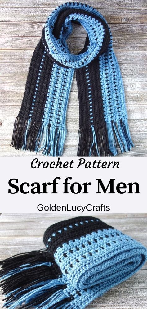 Crocheted scarf in blue and black colors. Crochet For Men Gift Boyfriends, Mens Scarves Crochet, Boyfriend Crochet Gift Ideas, Men’s Crochet Scarf Pattern, Crochet Gifts For Men Boyfriends, Mens Scarf Crochet Pattern Free, Crochet For Men Gift Ideas, Mens Crochet Scarf, Crochet For Men