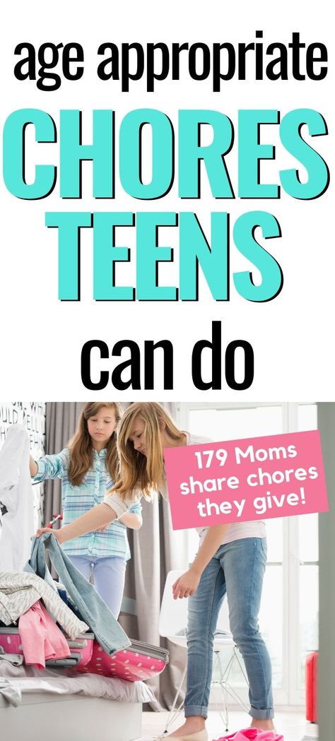 This list of chores for teens is really great - this woman actually surveyed 179 mothers to ask what REAL moms are giving their kids and teens for chores. Chore list is by age, chronological - definitely don't miss where she talks about strategies to get your teens and kids to DO their chores. Great for teen boys and girls. #parentingteens #chorelist #chores