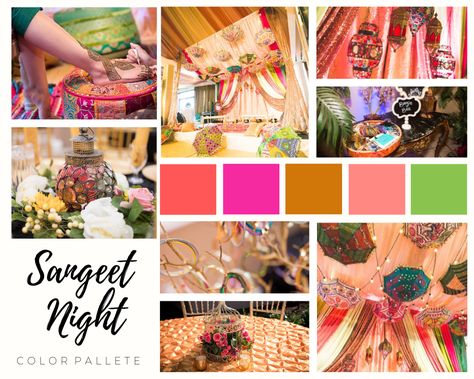 An Indian wedding color palette & style board, the perfect decor for a sangeet or pre-wedding event Indian Wedding Colour Palette, Indian Wedding Mood Board, Indian Wedding Color Palette, Indian Wedding Color Schemes, Sangeet Decorations, Color Palette Style, Pastel Wedding Decorations, Elegant Wedding Colors, Sangeet Decor