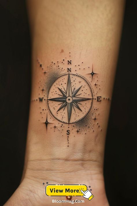 A small compass tattoo inked on the wrist. The minimalist design is perfect for men who want a subtle yet powerful tattoo that symbolizes navigation and life's journey. Compass Wrist Tattoo, Compass Tattoo For Men, Wrist Tattoo Ideas For Men, Tattoo For Men Ideas, Tattoos With Deep Meaning, Small Compass Tattoo, Compass Tattoo Men, Compass Tattoos, Wrist Tattoo Ideas