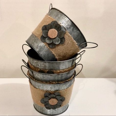 Cannot Bundle With Other Listings Due To Shipping Charges, But Please Feel Free To Request A Discount On Multiple Purchases Brand New Overstock Sale ! (2 Sets Of 4 Available) This Listing Includes 4 Metal Containers Rustic Galvanized Metal Flower Design Size: 7” D X 5.5” H Sku # 75 Mailing Box Size: 12x12x8 Weight: 3 Lbs Thank You For Your Interest . . . . . . . . . (Water Bottle Not Included... Photographed Only To Show Relative Size Of Item Listed). #Rustic #Farmhouse #Storage Bucket Centerpiece, Farmhouse Storage, Wicker Box, Tin Flowers, Mini Milk, Wash Tubs, Crafts For Seniors, Metal Containers, Metal Baskets