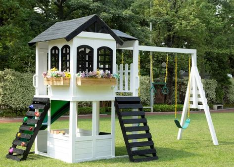 Wooden Playset Makeover, Playhouse Inspiration, White And Black Farmhouse, Two Story Playhouse, Outdoor Playhouse Ideas, Cedar Window Boxes, Playhouse Makeover, Potted Garden, Outdoor Play Space