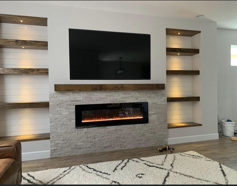 Reclaimed Floating Shelves, Fire Place Tv Stand, Fire Place Tv, Diy Shiplap Fireplace, Unique Fireplace, Electric Fireplace Living Room, Fireplace Feature Wall, Built In Electric Fireplace, Feature Wall Living Room