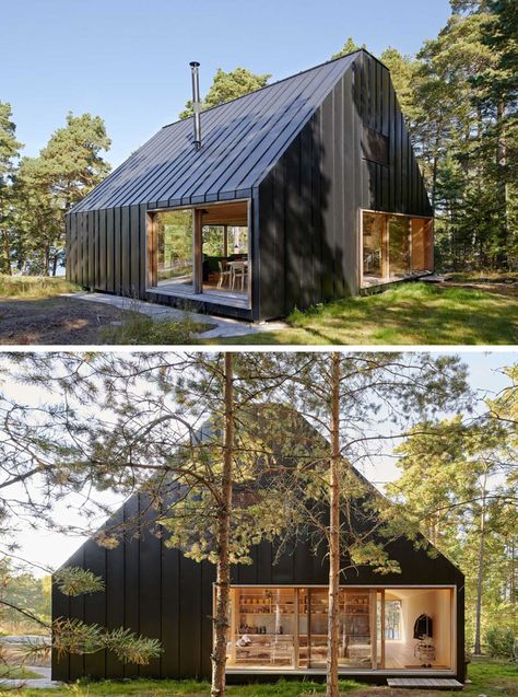 19 Examples Of Modern Scandinavian House Designs | The black siding seamlessly connects with the black roof to create a striking look against the green forest surrounding it. Scandinavian House Plans, Modern Scandinavian House, Forest Cabins, Scandinavian Exterior, Scandinavian House Design, Scandinavian Modern House, Scandinavian Exterior Design, Scandinavian Houses, Small House Design Architecture