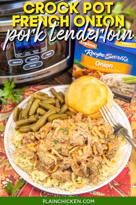 French Onion Pork Tenderloin, French Onion Soup Pork Chops, Pork Tenderloin Crock Pot Recipes, French Onion Meatloaf, Crockpot Pork Tenderloin, Cooking Pork Tenderloin, Slow Cooker Pork Tenderloin, Slow Cooker Spaghetti, Lipton Onion Soup Mix