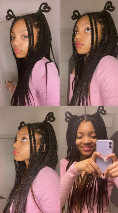 Hairstyle braids brown and black heart girl pink heart braids 2022 2021 insta:🤷‍♀️ Heart Pigtails Box Braids, Heart Hairstyle Braids, Heart Braids Hairstyle, Heart Braids, Cute Short Natural Hairstyles, Valentines Hairstyles, Pink Heart Dress, Tail Hairstyle, Pink And Black Hair