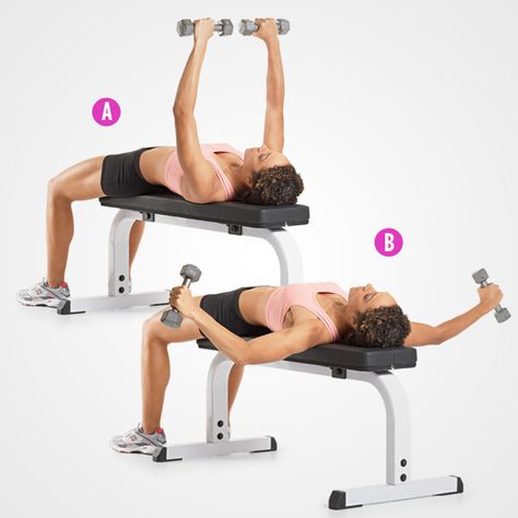 Dumbbell Bench Press  http://www.womenshealthmag.com/fitness/breast-lifting-exercises Arm Training, Best Workout For Women, Dumbbell Fly, Bench Workout, Best Chest Workout, Womens Health Magazine, Breast Workout, Fitness Routines, Sup Yoga