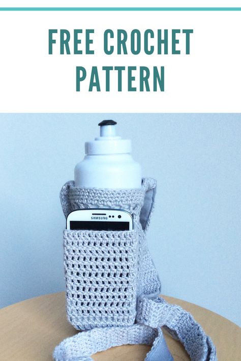 Crochet water bottle holder pattern with cross body strap and pocket, you can make it in a few hours! Diy Yarn Holder, Crochet Bottle Cover, Crochet Water Bottle, Crochet Water Bottle Holder, Bottle Sling, Crochet Heart Pattern, Water Bottle Bag, Water Bottle Holder, Patterns Ideas