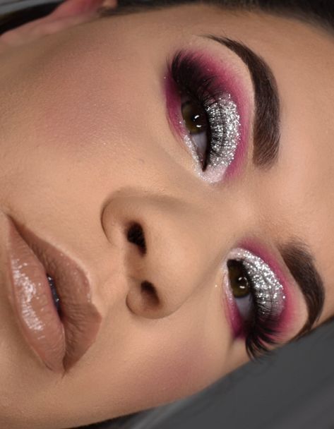 Pink Singer Makeup Looks, Pink Silver Black Eye Makeup, Pink And Gold Glitter Eyeshadow, Pink Silver Makeup Looks, Red And Sliver Makeup Prom, Pink Dance Competition Makeup, Pink And Grey Makeup Looks, Red And Silver Eyeshadow Looks, Pink Black And White Makeup