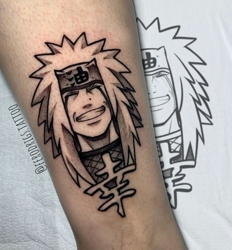 Jiraiya Tattoo Design, Naruto Tattoo Jiraya, Black Anime Tattoos, Tattoo Colored Design, Naruto Jiraiya Tattoo, Jiraya Sketch, Jiraiya Tattoo Ideas, Jiraya Tattoo Ideas, Anime Tattoos Naruto