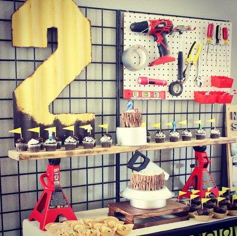 Tools Birthday Theme, Tools 2nd Birthday Party, Mr Fix It Birthday Party, Tool Time Birthday Party, Tool Party Theme Birthday Ideas, Mechanic 2nd Birthday, Tool Birthday Party Ideas Kids, Tool Themed Birthday Party, Mechanic Birthday Party