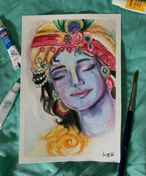 Krishna Watercolor, Watercolor Painting Easy, Krishna Drawing, Boho Art Drawings, Beautiful Art Paintings, Art Drawings Sketches Pencil, Krishna Radha Painting, Art Painting Gallery, Shri Krishna