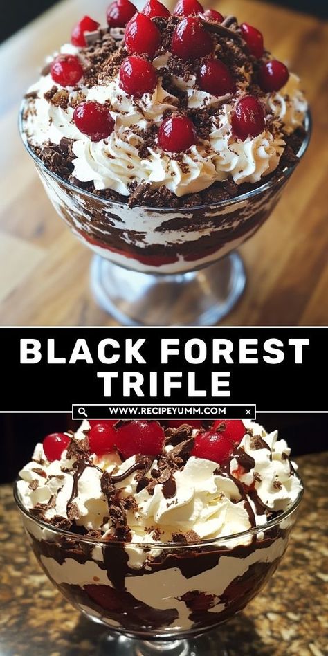 Layers of rich chocolate cake, cherry filling, and fluffy whipped cream make this Black Forest trifle a showstopping dessert! Cherry Trifle Recipes, Black Forest Trifle, Cherry Trifle, Cake Cherry, Brownie Trifle, Rich Cake, Cherry Filling, Dessert Spread, Cherry Desserts