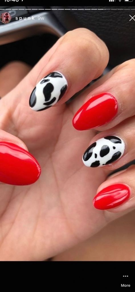 Red Cow Print Nails Acrylic, Cow Print Nails With Red, Red Western Nails Acrylic, Red Nails With Cow Print, Red And Cow Print Nails, Red Country Nails, Red Cow Nails, Red Cow Print Nails, Farm Nails Designs