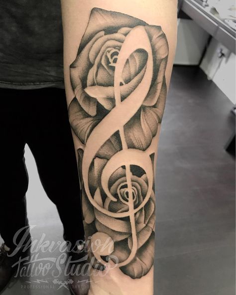 Musical Forearm Tattoo, Music Notes Tattoo Sleeve, Music Flowers Tattoo, Music Note And Rose Tattoo, Rose And Music Tattoo, Music Half Sleeve Tattoo, Music Note Tattoo For Men, Music Inspired Tattoos For Women, Music Sleeve Tattoo Women