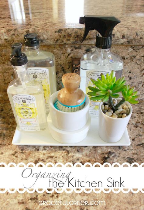 Organizing the Kitchen Sink Area- how adorable is this? I am loving this whole site. She has GREAT ideas! Sink Caddy Ideas, Kitchen Sink Soap Tray, Kitchen Sink Organization Sponge, Kitchen Sink Area, Kitchen Sink Remodel, Kitchen Sink Soap, Kitchen Sink Decor, Block Countertops, Kitchen Sink Caddy