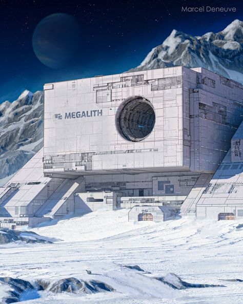 Permafrost: Megalith Marcel Deneuve, Numenera Landscapes, Ice Planet, Moon Base, Sci Fi Architecture, Traveller Rpg, Sci Fi Landscape, Science Fiction Artwork, Space Engineers