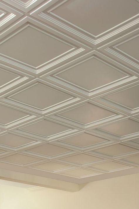 #ArmstrongCeilings coffered panels give you the ability to create a custom look in your home! These PVC plastic ceiling tiles are available in black AND white finishes, and deep or shallow heights for different dimensional effects. Plastic Ceiling Panels, Black Drop Ceiling Tiles, Black Ceiling Tiles Commercial, Fasade Ceiling Tiles, Black Ceiling Tiles, Drop Ceiling Panels, Suspended Ceiling Tiles, Plastic Ceiling Tiles, Coffered Ceiling Design