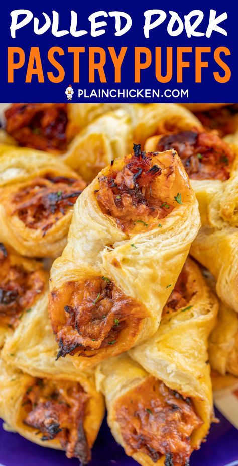 Pulled Pork Pastry Puffs - only 4 ingredients! Great recipe for a quick lunch, dinner or party. Smoky pulled pork tossed with BBQ sauce and cheese then baked in puff pastry. SO good! Can make ahead and freeze for later. We love to serve these with some coleslaw and extra BBQ sauce or Ranch for dipping. YUM! #pulledpork #partyfood #appetizer #tailgating Puff Recipe, Pulled Pork Recipes, Weight Watchers Desserts, Quick Lunch, Puff Pastry Recipes, Football Food, Quick Lunches, Pork Dishes, Pastry Recipes