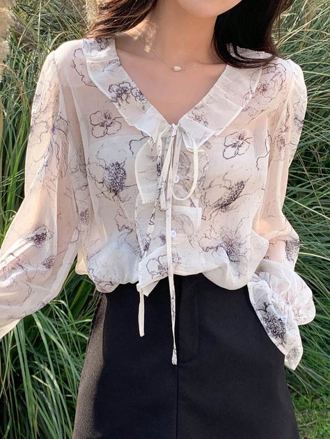 White Casual Collar Long Sleeve Polyester Floral Top Embellished Non-Stretch  Women Clothing Floral Shirts Women, White Lace Shirt, Floral Shirts, Hacks Clothes, Clothes Shopping, Fancy Jewellery, Women Long Sleeve Tops, Fashion Hacks Clothes, Flounce Sleeve