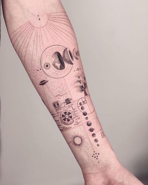 Omni Tattoo, Geometric Space Tattoo, Nature Tattoo Sleeve Women, Geometric Universe Tattoo, Physics Tattoos, Orion Tattoo, Space Tattoo Sleeve, Octopus Tattoo Sleeve, Cosmos Tattoo