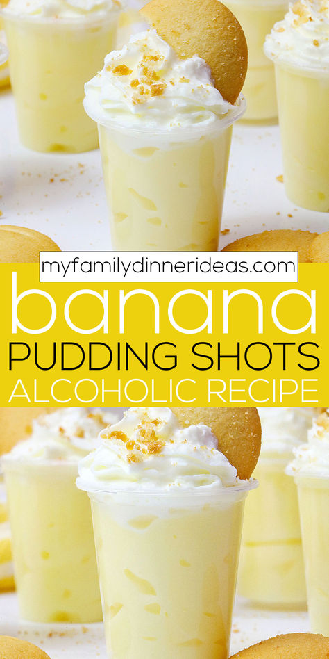 Banana Cream Pudding Shots, easy alcoholic recipe, perfect for parties and delicious banana cream flavor. #alcoholicrecipe #puddingshots #bananacream #pudding #puddingrecipe Banana Cream Pudding Shots Alcoholic, Banana Pudding Jello Shots, Banana Cream Pudding Shots, Banana Shots Alcohol, Banana Pudding Shots Alcohol, Banana Pudding Moonshine Drinks, Alcohol Pudding Shots, Halloween Banana Pudding, Banana Liquor Recipes