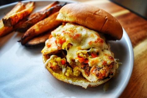 Giardiniera Chicken Sandwiches - Mary Mangia Giardiniera Chicken, Chicken Giardiniera, Seasoned Chicken Breast, Sandwiches Chicken, Cutlet Recipes, Bbq Chicken Pasta, Seared Chicken Breast, Cutlets Recipes, Chicken Pasta Bake