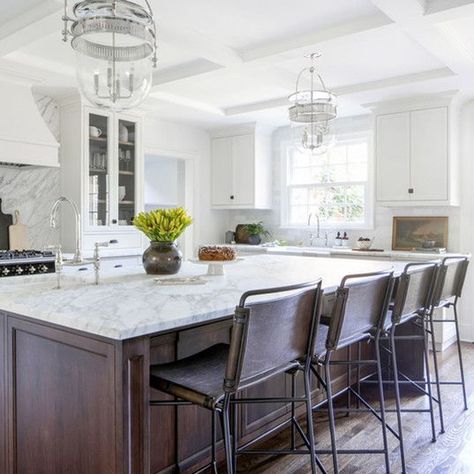 French Colonial Kitchen, White Kitchen With Dark Wood, Dark Wood Island, Island Counter Stools, Colonial Kitchen, Dark Wood Kitchens, Kitchen Addition, Wood Island, Dark Wood Stain