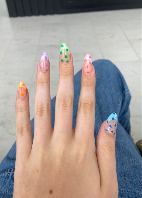 Heart Nails Rainbow, Rainbow Gel Nails Ideas, Retro Pastel Nails, Pastel Rainbow French Tips, Heart Nails Pastel, Danish Pastel Nail Ideas, Rainbow Floral Nails, Multi Colored Heart Nails, Pastel Easter Nails Almond