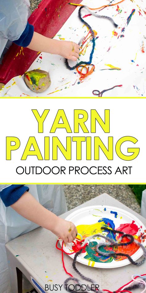 Yarn Painting: Outdoor Process Art - a fun toddler art project; summer art project; easy summer art activity for toddlers and preschoolers Art Activity For Toddlers, Art For Infants, Summer Art Activities, Clothing Study, Outdoor Painting, Summer Art Projects, Toddler Painting, Clothing Themes, Art Activities For Toddlers