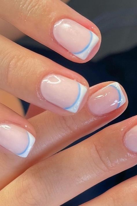 Short French Blue Nails, French Nail Designs On Short Nails, Short French Style Nails, Blue And White Biab Nails, Nails With No Acrylic, Cute Short Gel Nails French Tip, Double French Tip Nails Short, White French Tip Nails With Color Line, Short Gel Nails For Summer